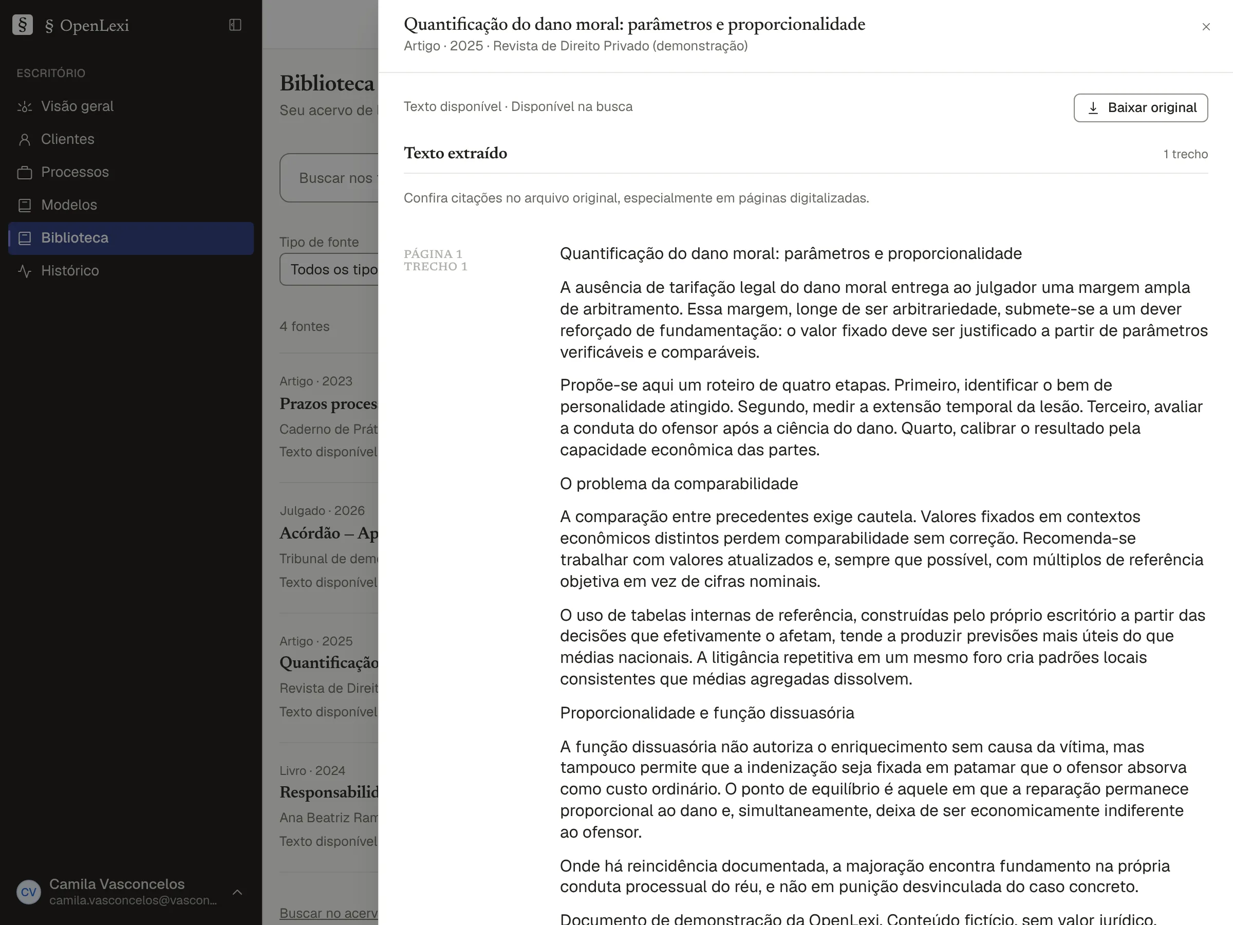 O trecho aberto no documento da Biblioteca, com a página indicada, o texto extraído e o link para baixar o arquivo original.