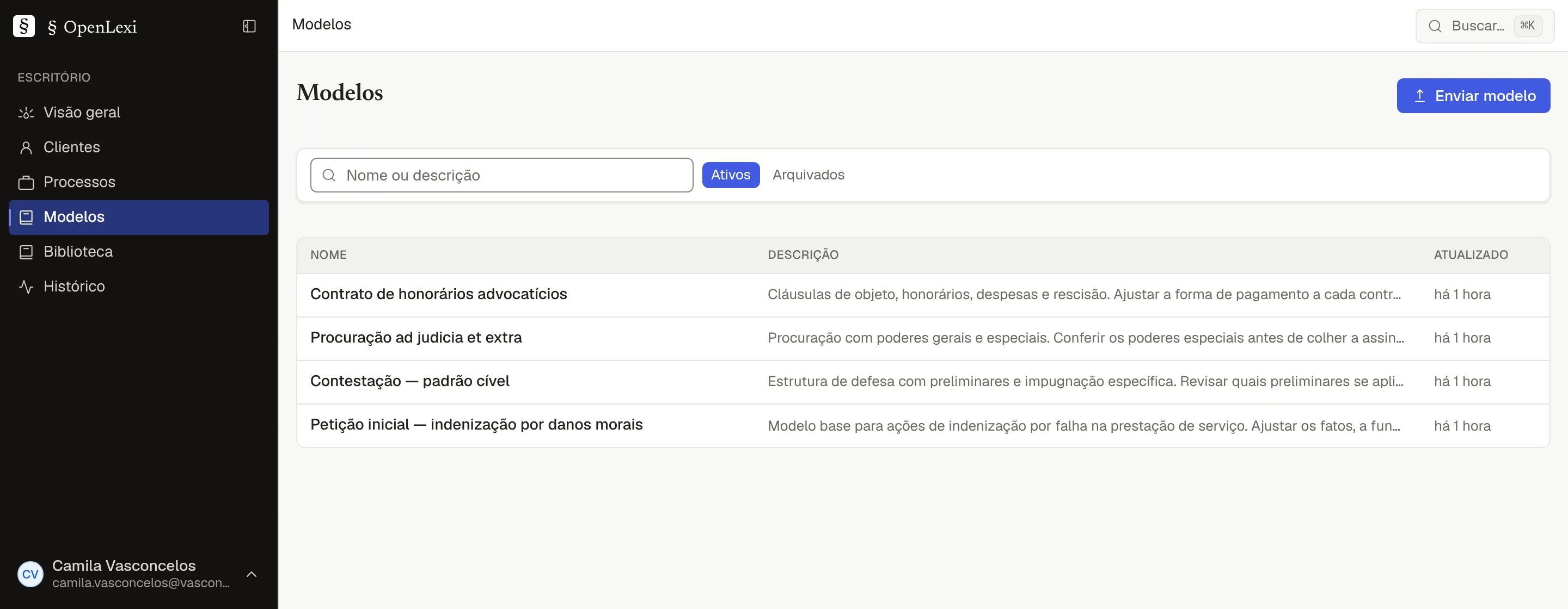 Lista de modelos DOCX do escritório na OpenLexi, cada um com nome, descrição e data de atualização.